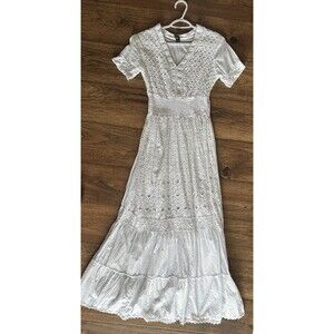 Me 2 Magic White Eyelet Lace Prairie Maxi Dress Cottagecore Boho Smocked S